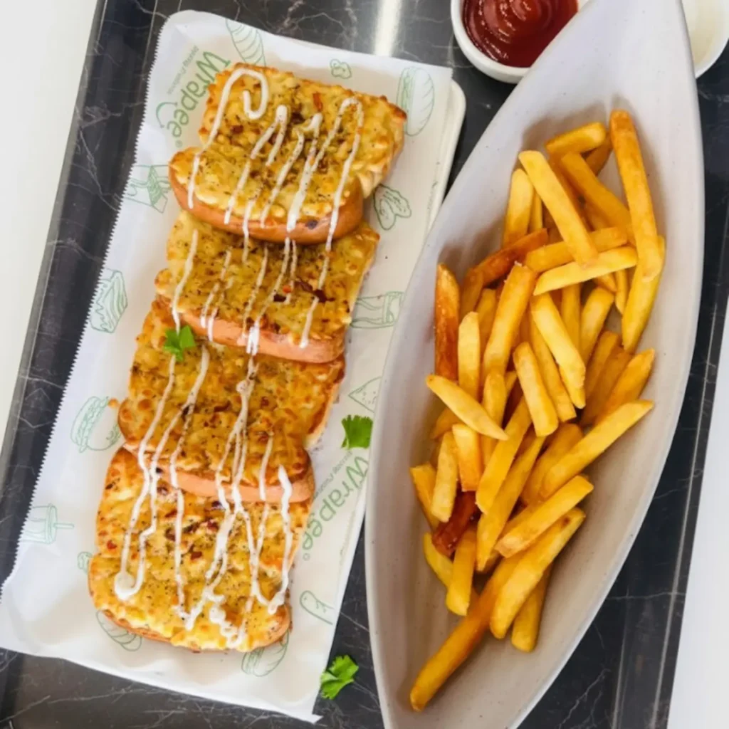 Garlic bread with salted fries at Bluestar Café